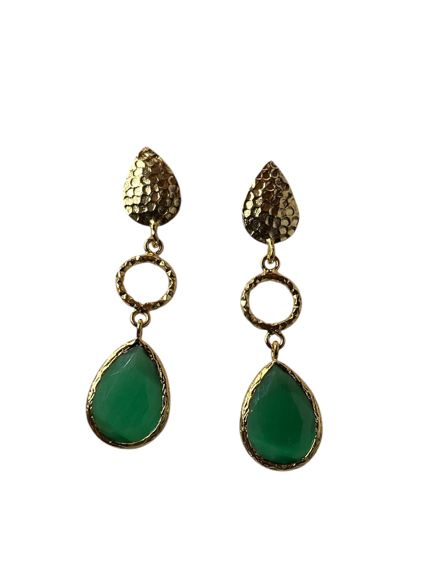 Cats Eye Hammered Leaf Dangly Earrings