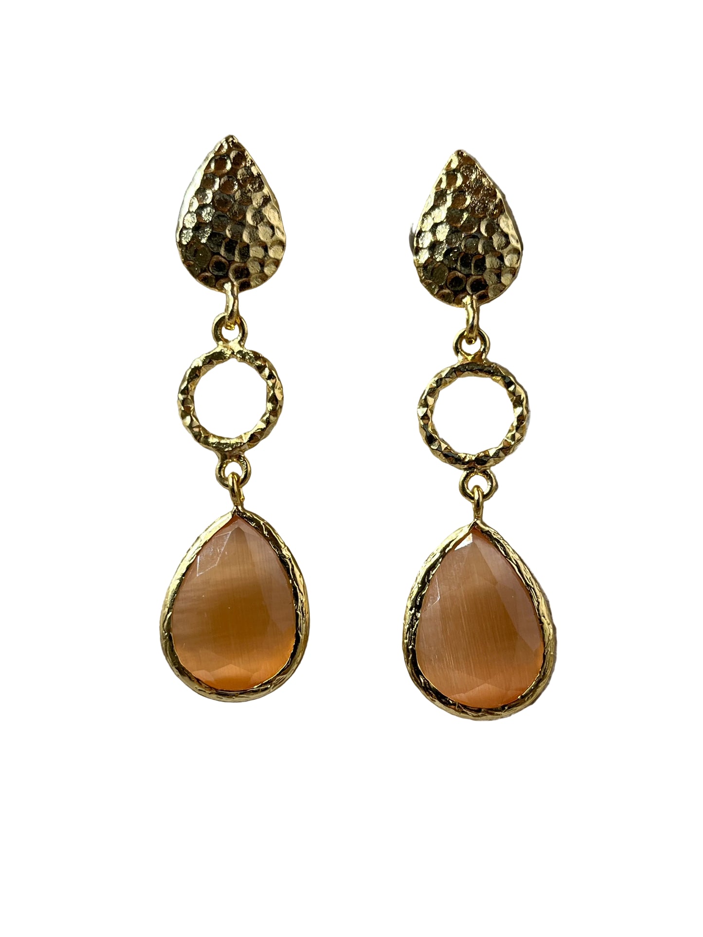 Cats Eye Hammered Leaf Dangly Earrings