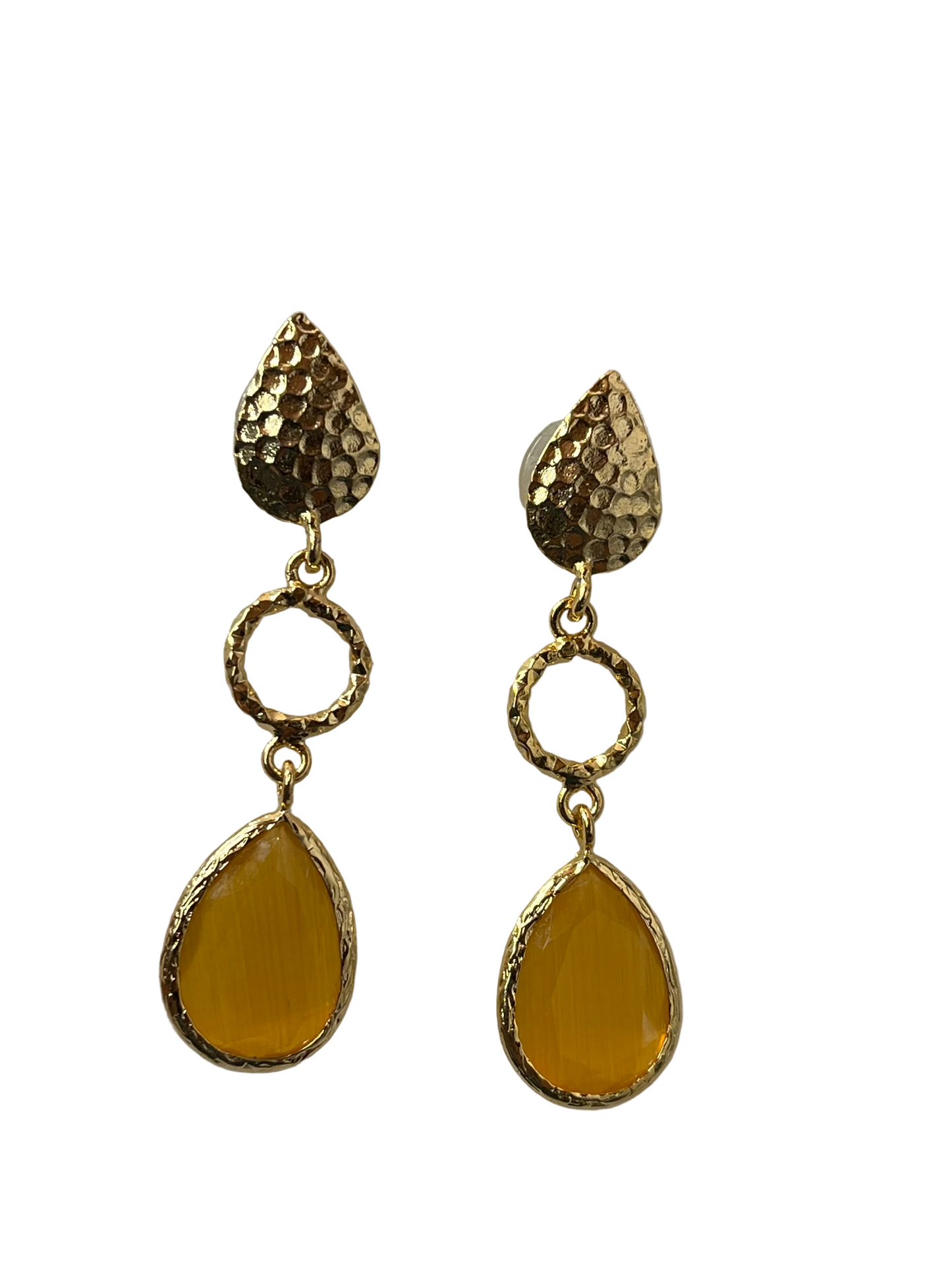 Cats Eye Hammered Leaf Dangly Earrings