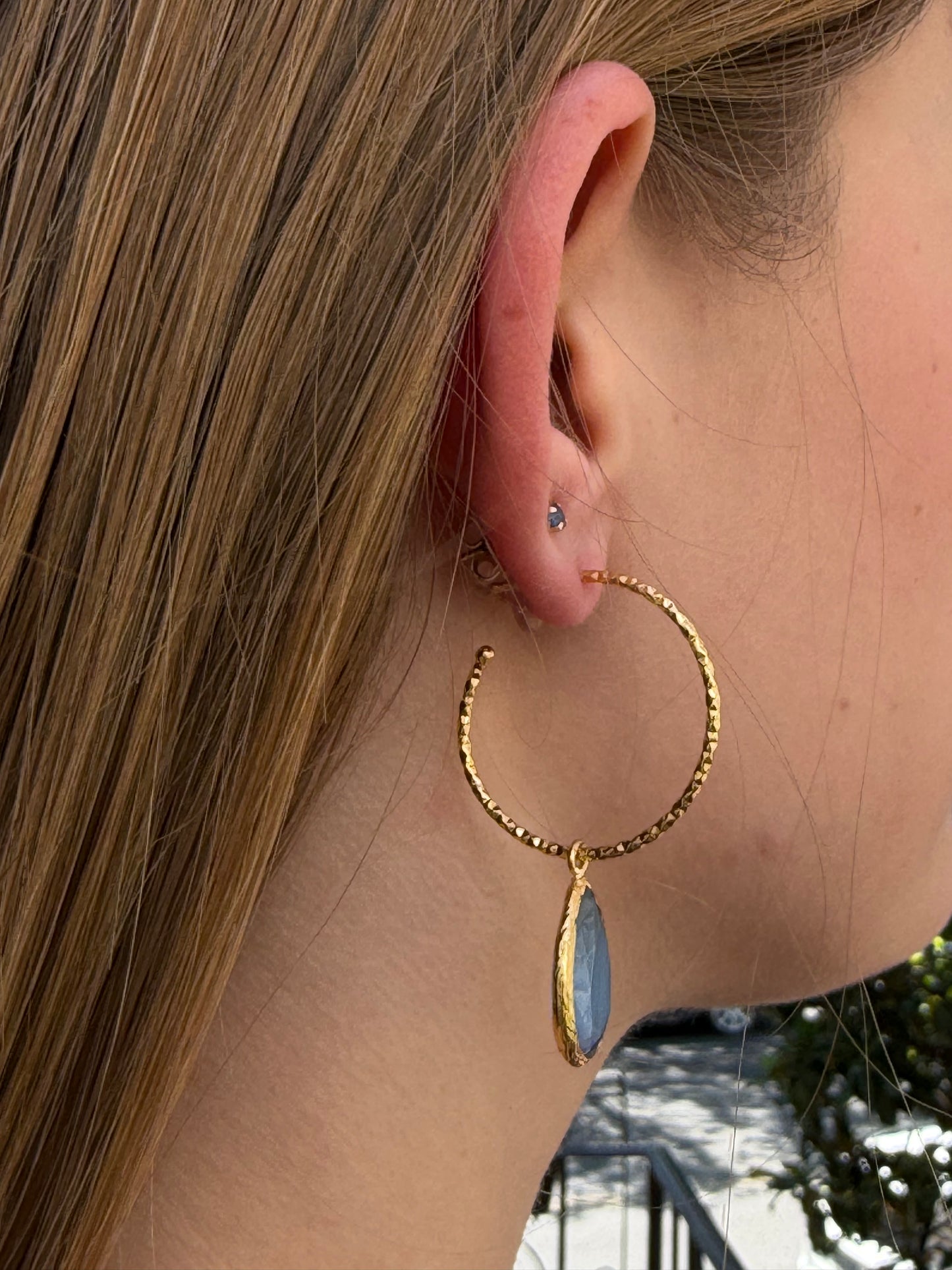 Cats Eye Hammered Hoop Earrings