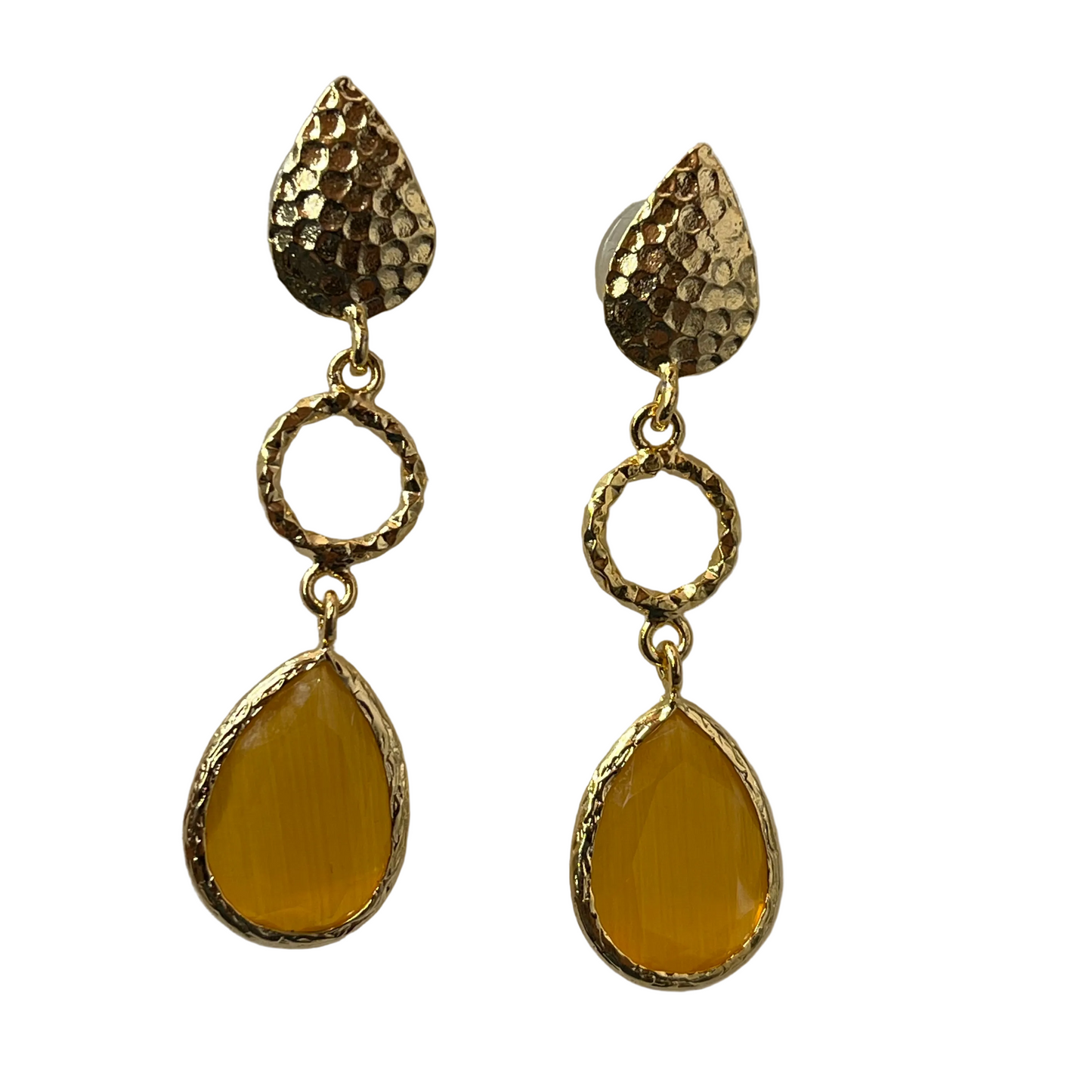 Cats Eye Tear Drop Shape Stones connected to a circle and a hammered leaf post