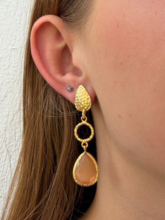 Cats Eye Hammered Leaf Dangly Earrings