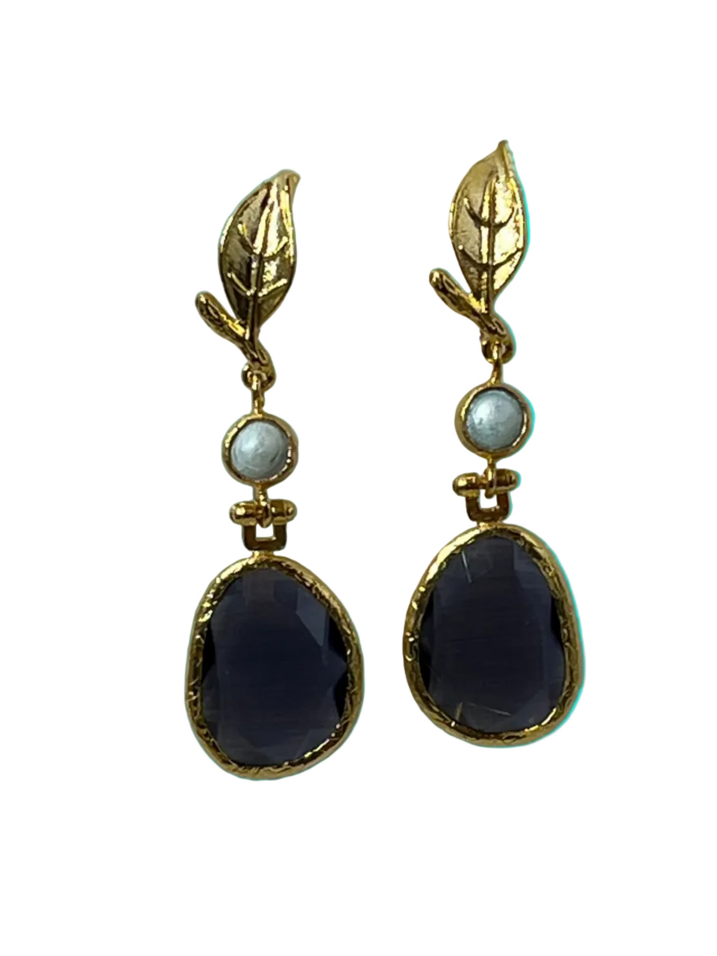 Pair of gold earrings with blue cats eye  stones, fresh water pearl. leafy post. Dangley Earrings. 