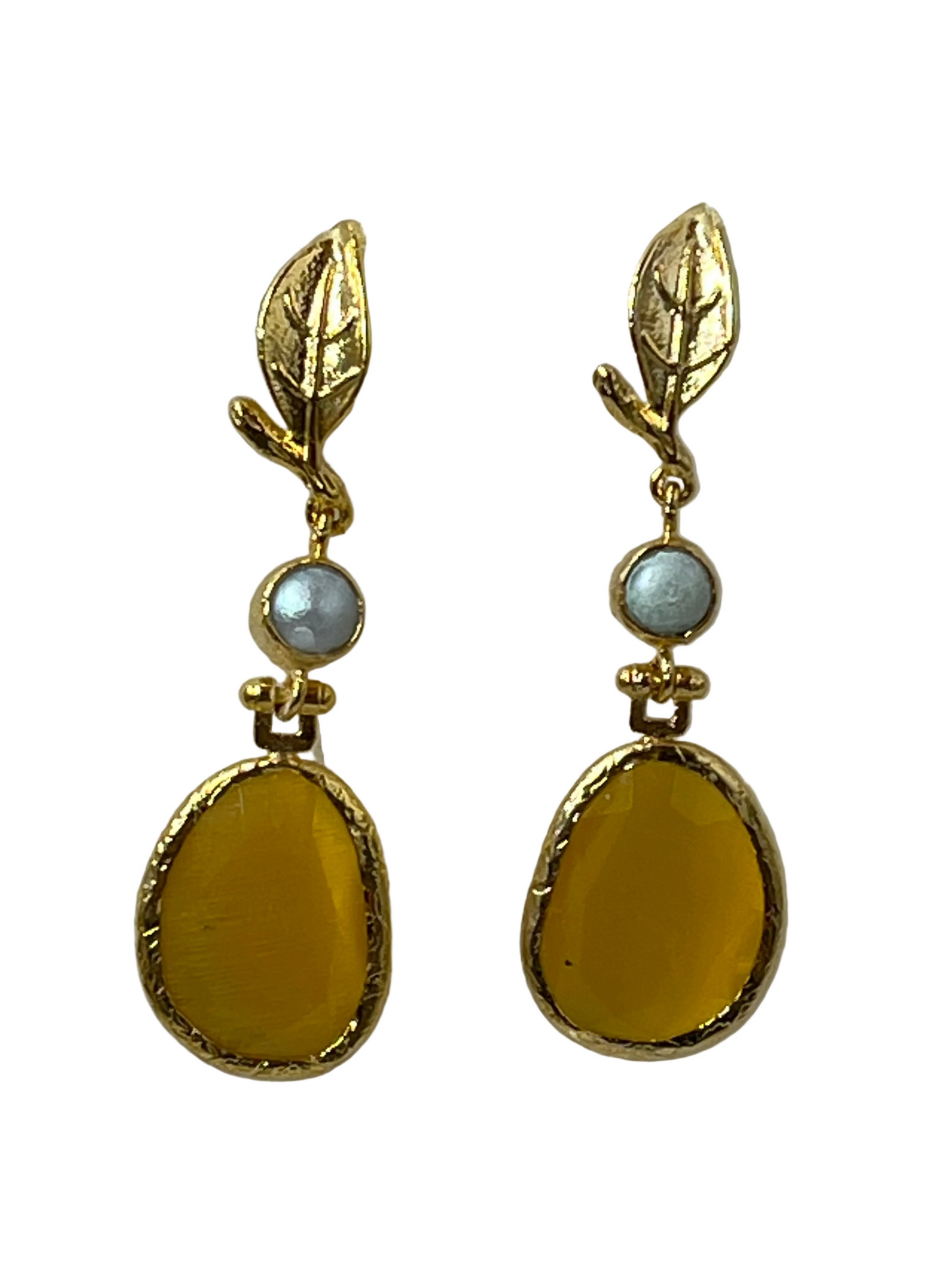 cats eye im pebble shape with fresh water pearls and leafy branch post, dangley earrings.