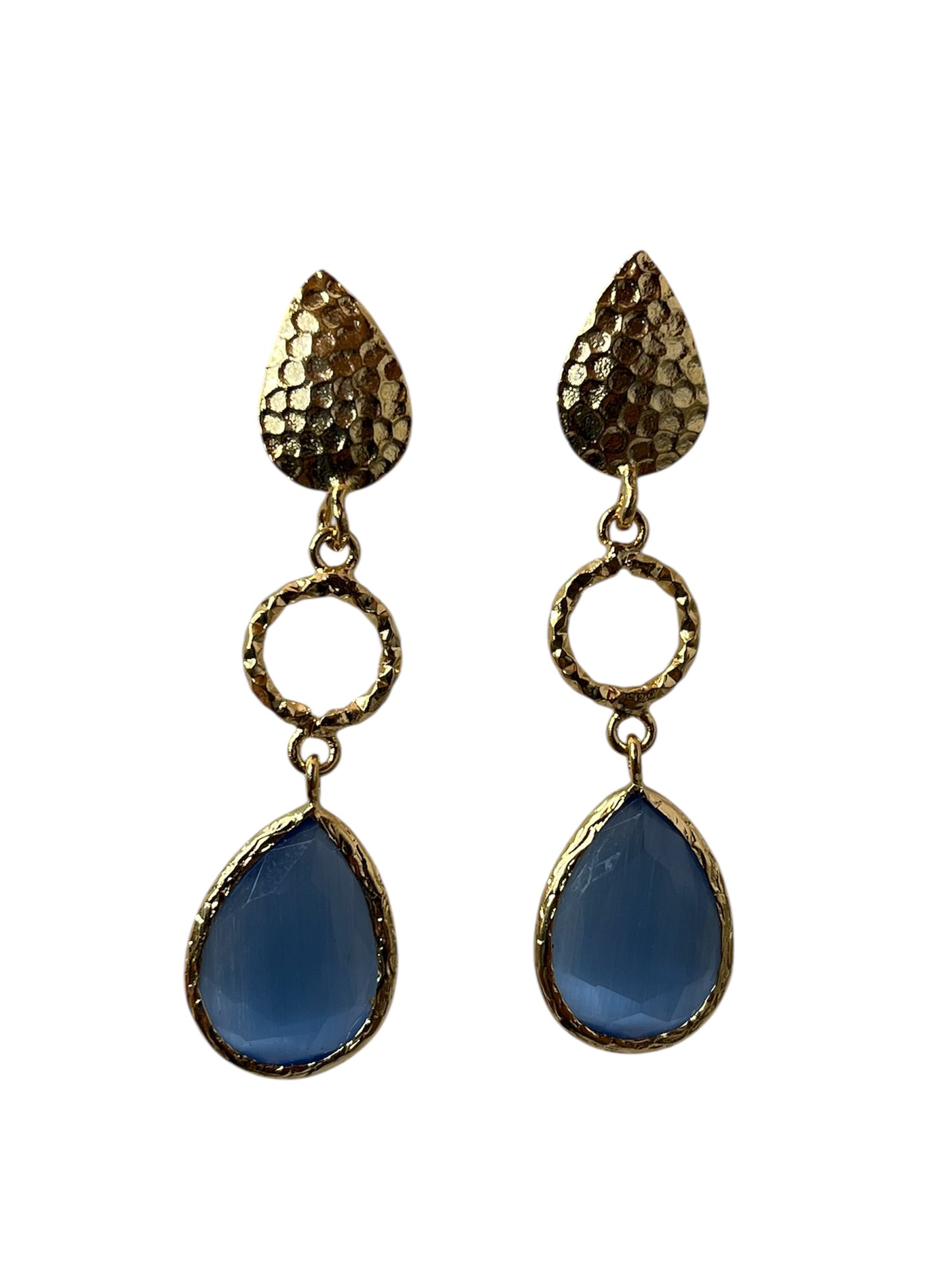 Cats Eye Hammered Leaf Dangly Earrings