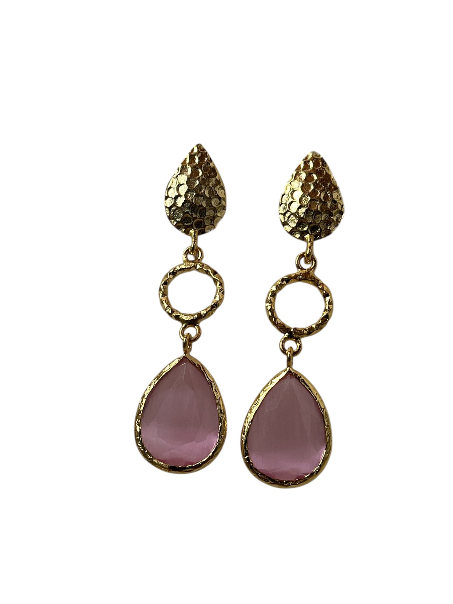 Cats Eye Hammered Leaf Dangly Earrings